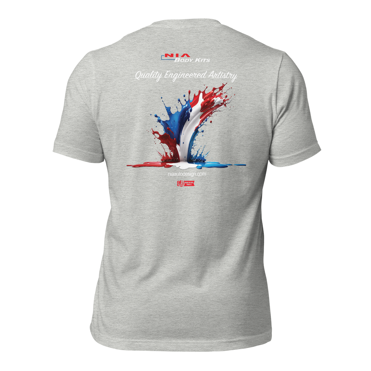 The Splash Colors T-Shirts by NIA Body Kits proudly showing off the importance of not just designing but also manufacturing all our products in the United States. Creating jobs, and keeping high quality control. NIA Body Kits is a proud American brand. Show off your american pride with this stylish shirt perfect for the summer.