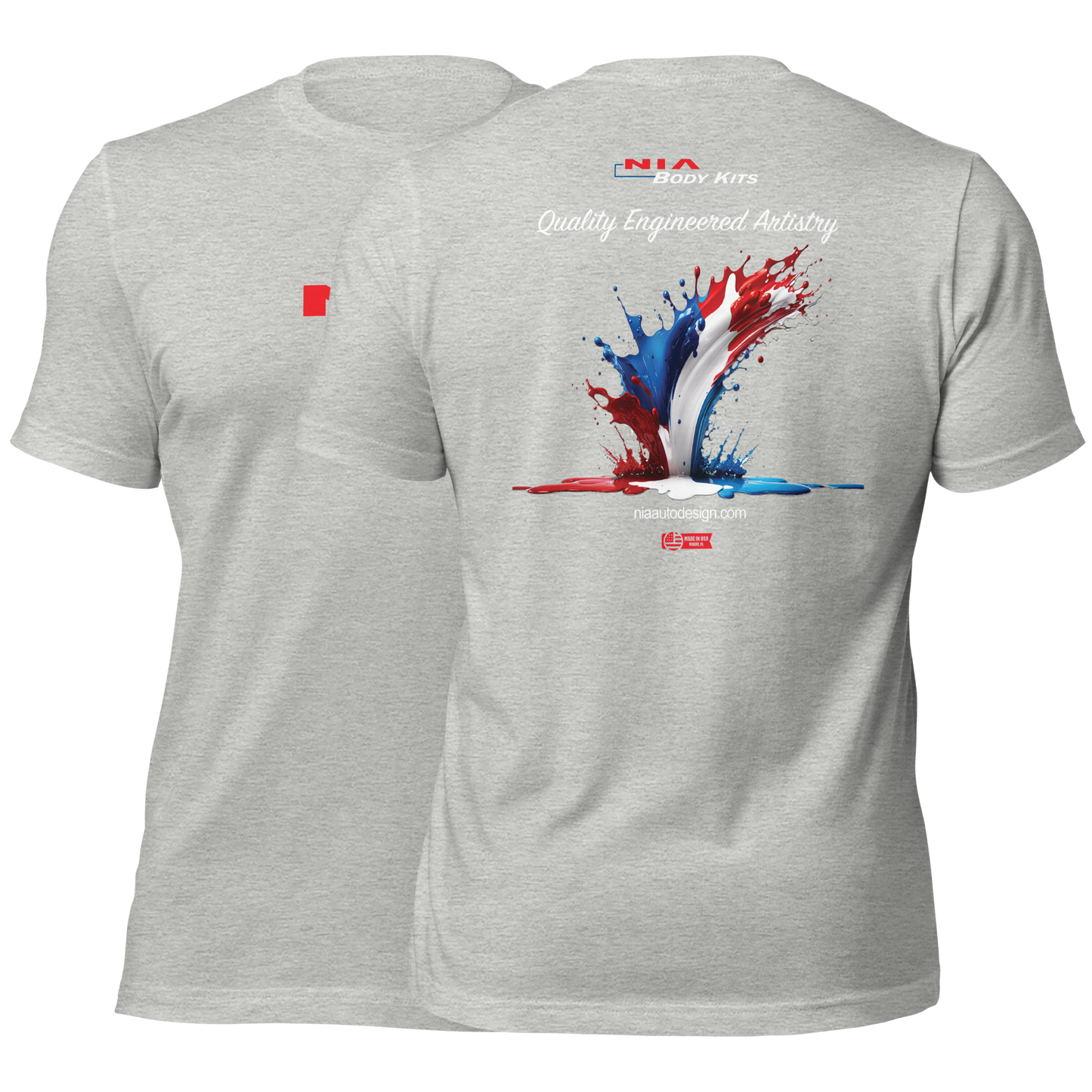 The Splash Colors T-Shirts by NIA Body Kits proudly showing off the importance of not just designing but also manufacturing all our products in the United States. Creating jobs, and keeping high quality control. NIA Body Kits is a proud American brand. Show off your american pride with this stylish shirt perfect for the summer.