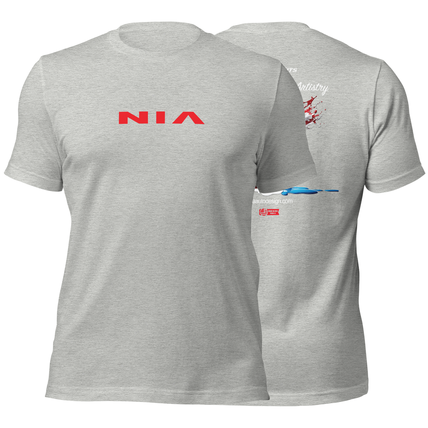 The Splash Colors T-Shirts by NIA Body Kits proudly showing off the importance of not just designing but also manufacturing all our products in the United States. Creating jobs, and keeping high quality control. NIA Body Kits is a proud American brand. Show off your american pride with this stylish shirt perfect for the summer.