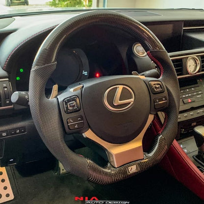 NIA Auto Design's carbon fiber steering wheel is made from a genuine 2x2 twill weave carbon fiber. Made for Lexus F-sport and base models.-( IS250, IS350, IS200t, IS300, RC350, RC300, RC200t, RC300, ES350, ES300h. (2019)) The steering wheel is Made out of an fsport oem wheel, for perfect fitment. The comfort of a quality steering wheel can improve the drive-ability of your car while on the street or while racing on the track.
