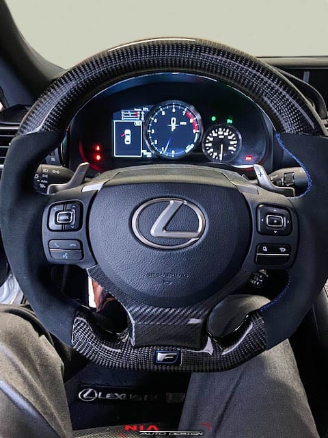 NIA Auto Design's carbon fiber steering wheel is made from a genuine 2x2 twill weave carbon fiber. Made for Lexus RCF. The steering wheel is Made out of an F Performance oem wheel, for perfect fitment. The comfort of a quality steering wheel can improve the drive-ability of your car while on the street or while racing on the track.